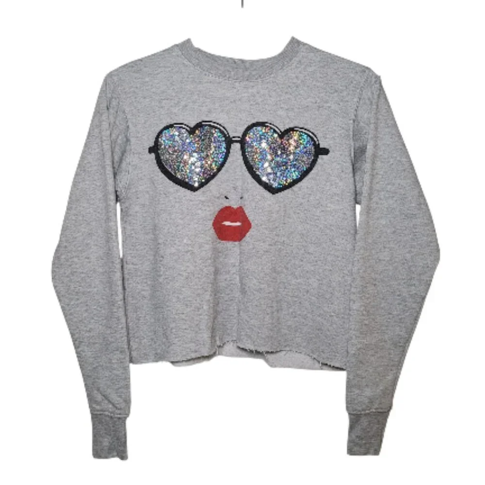 Cropped Sweatshirt Gray Sequin Heart Glasses Lips Sparkle Y2K Athleisure